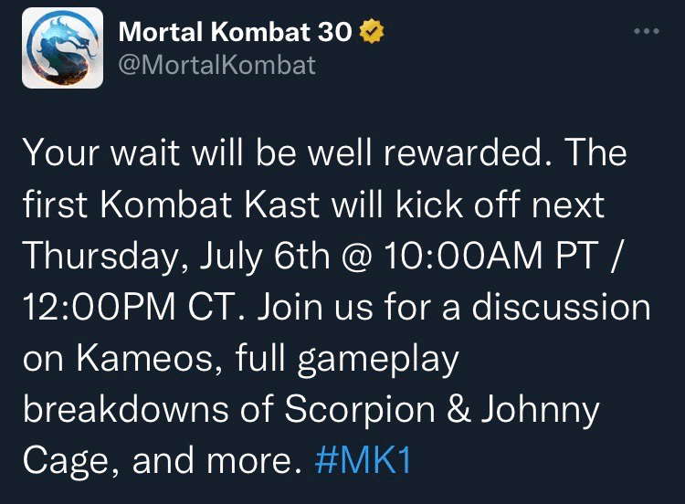 Tweet from the MK Twitter announcing the start of Kombat Kast (Transcript Below)